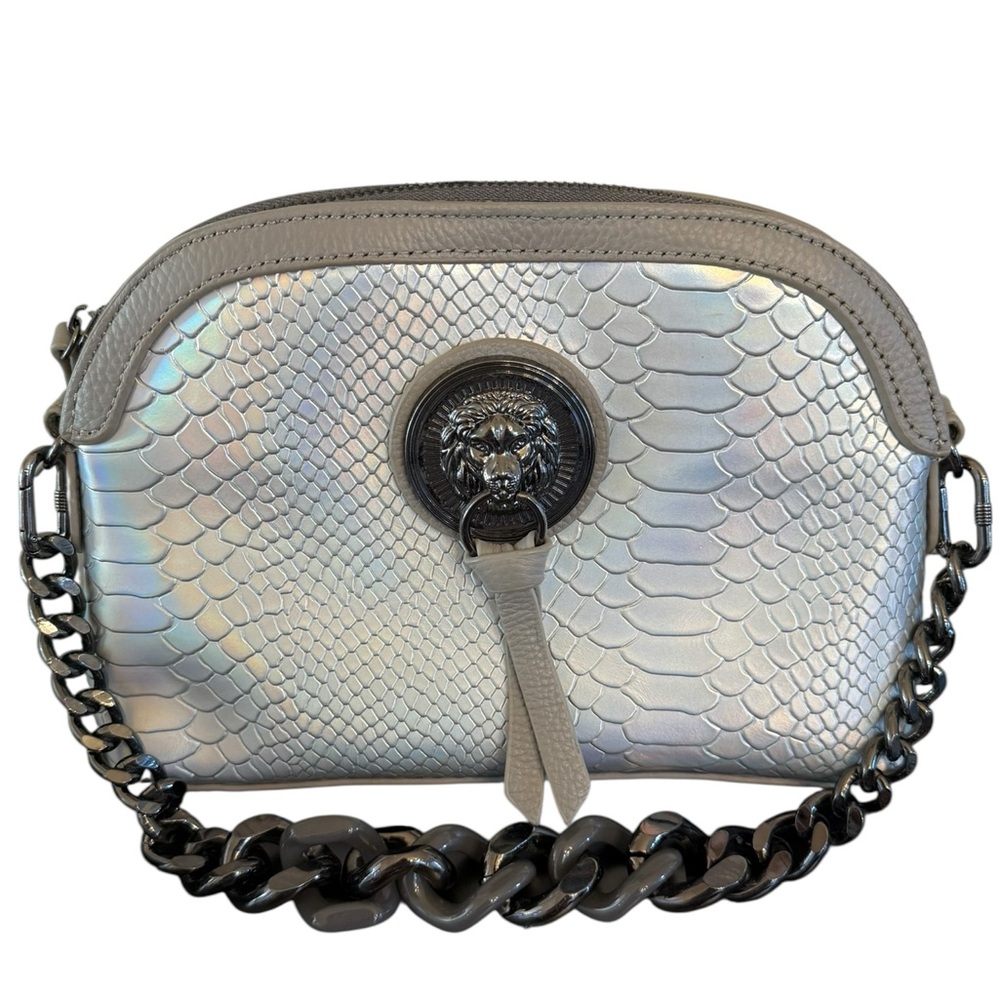 SHARIF 1827 Silver Reflective Leather Lion Head Medallion Chain Strap Clutch Bag
